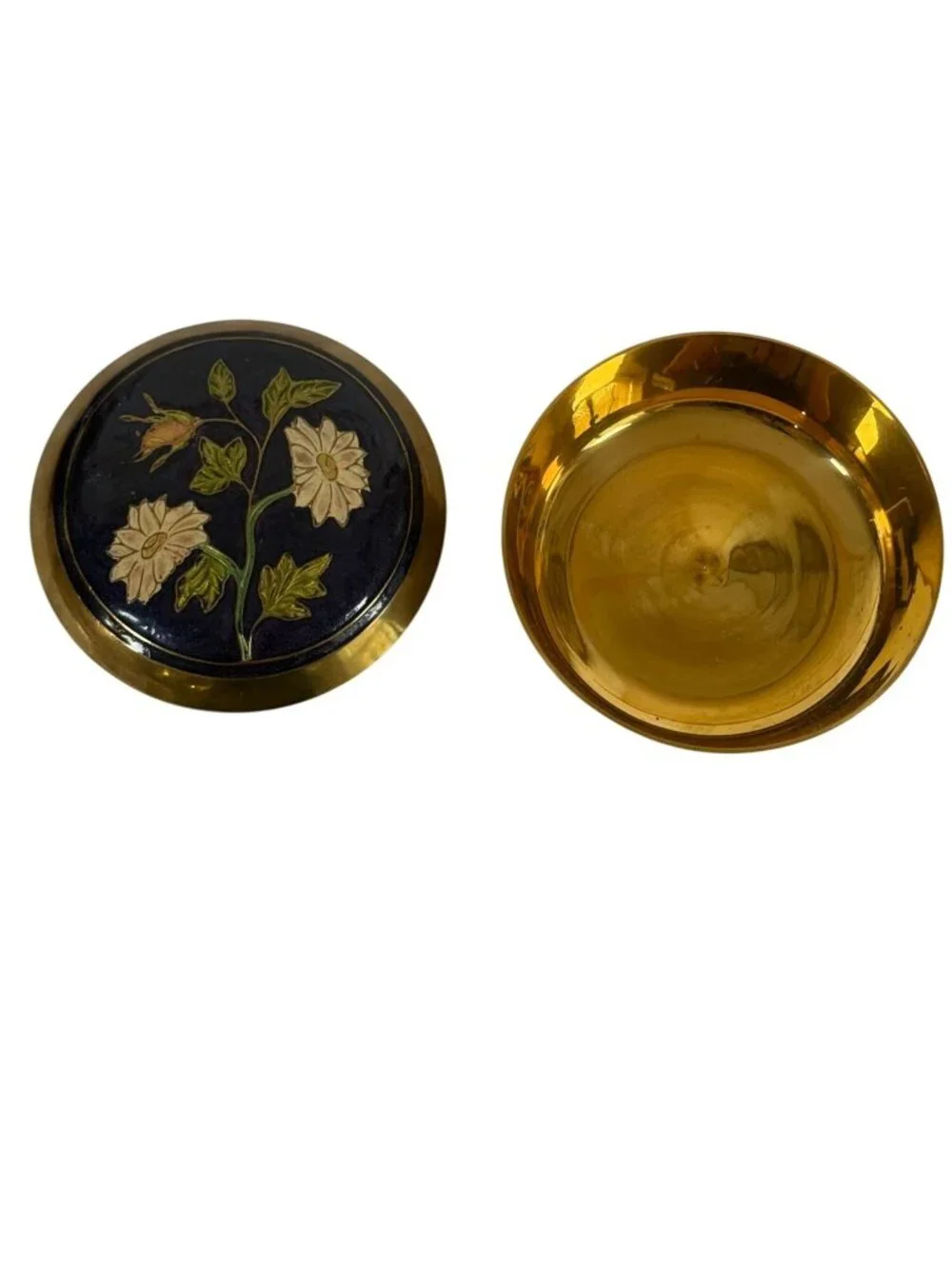 Vintage Brass Trinket Box Enamel Floral Lid Jewelry Grandma Cottage Core